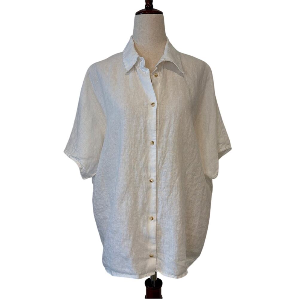 MNG Mango White 100% Linen Oversized Short Sleeve Button-Up Shirt, Womens Size 8